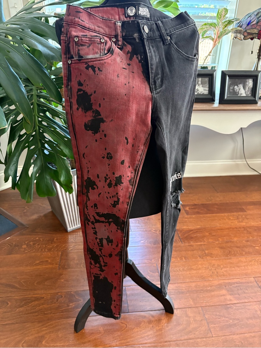 Two-Tone Skinny Jeans in Burgundy and Black by Broken Promises